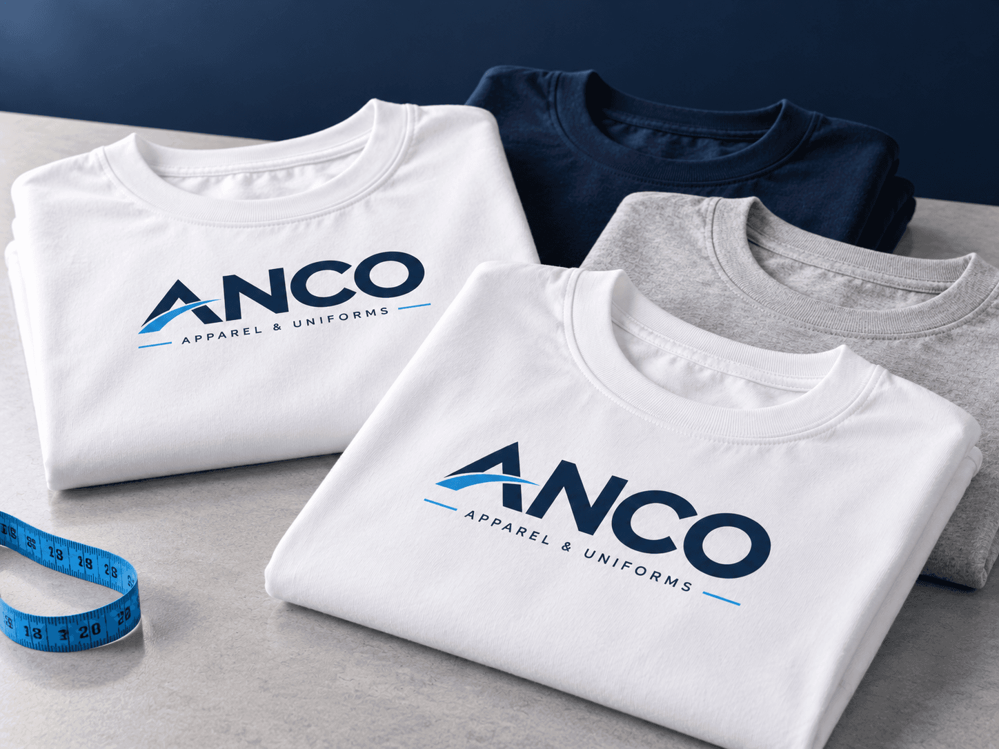 ANCO event T-shirts with a blue measuring tape